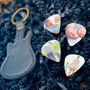 FOUR Personalised photo plectrums picks and leather carry case