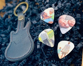 FOUR Personalised photo plectrums picks and leather carry case