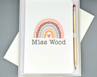Rainbow Thank you Teacher Notepad Notebook Journal Gift - Personalised Teacher's Name - White Faux Leather