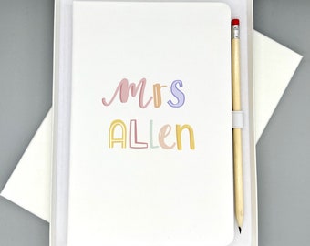 Thank you Teacher Notepad Notebook Journal Gift - Personalised Teacher's Name - White Faux Leather