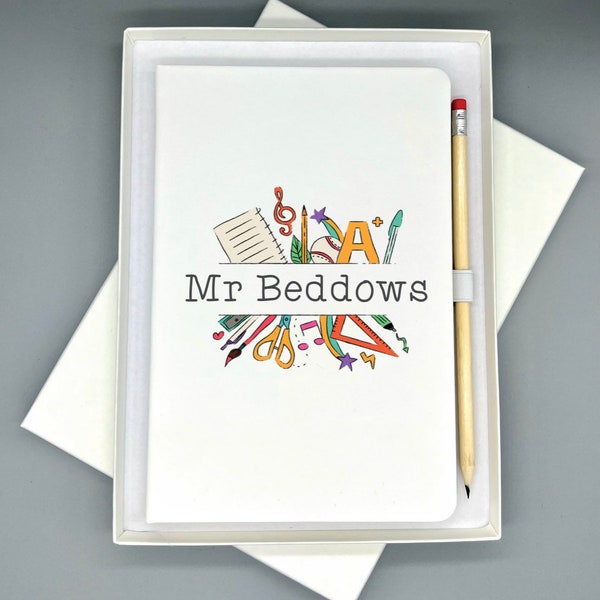 Thank you Teacher Notepad Notebook Journal Gift - Personalised Teacher's Name - White Faux Leather