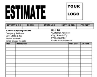 May include: Black and white estimate form with the title "ESTIMATE" at the top. The form has fields for estimate number, terms, customer, service representative, project, bill to, description, unit cost, amount, comments, sub total, discount, tax, and total. The form also includes the text "WE ARE IN THIS TOGETHER" at the bottom.
