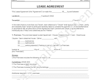 Standard Residential Rental Lease Agreement Forms, Instant Download, Contract, Agreement