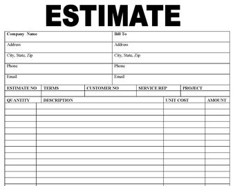 May include: A blank estimate form with fields for company name, address, phone, email, estimate number, terms, customer number, service rep, project, quantity, description, unit cost, amount, sub total, discount, tax, total, and comments.