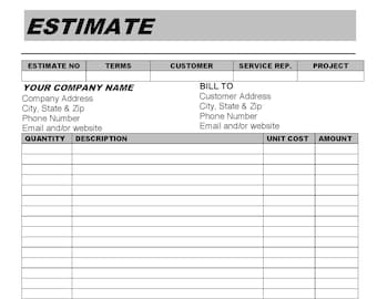 May include: A blank estimate form with fields for estimate number, terms, customer, service representative, project, your company name, bill to, quantity, description, unit cost, amount, comments, sub total, discount, tax, and total. The form has the text "WE ARE IN THIS TOGETHER" at the bottom.