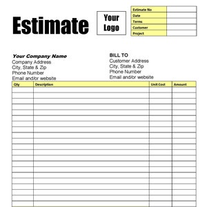 ESTIMATE INVOICE Light Yellow Template Printable Form Etsy