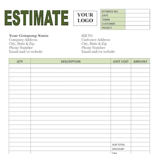 ESTIMATE INVOICE Template Green Printable estimate Invoice