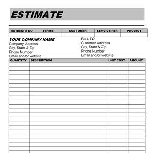 ESTIMATE INVOICE Template Lined Platinum Printable Form Instant