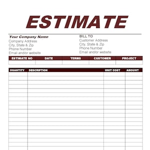 ESTIMATE-INVOICE Dark Red TEMPLATE | Printable Form | Estimate Invoice Word | Editable