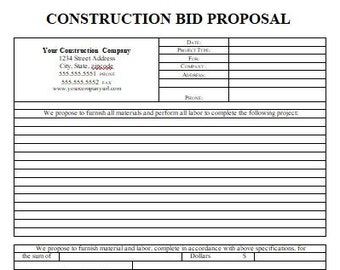May include: A blank construction bid proposal form with fields for date, project type, company, address, phone, contractor's signature, owner's signature, and date. The form includes space for details about the project, materials, labor, and payment terms.