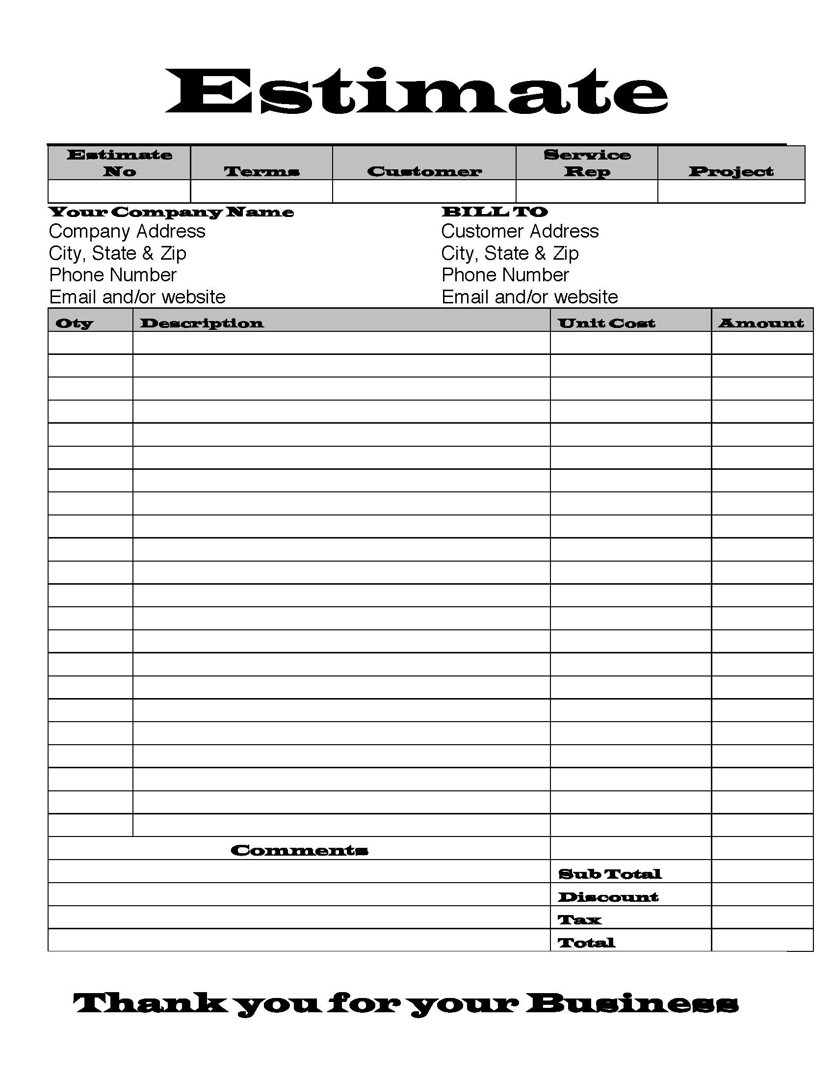 Estimate invoice Template Printable Invoice Business Form