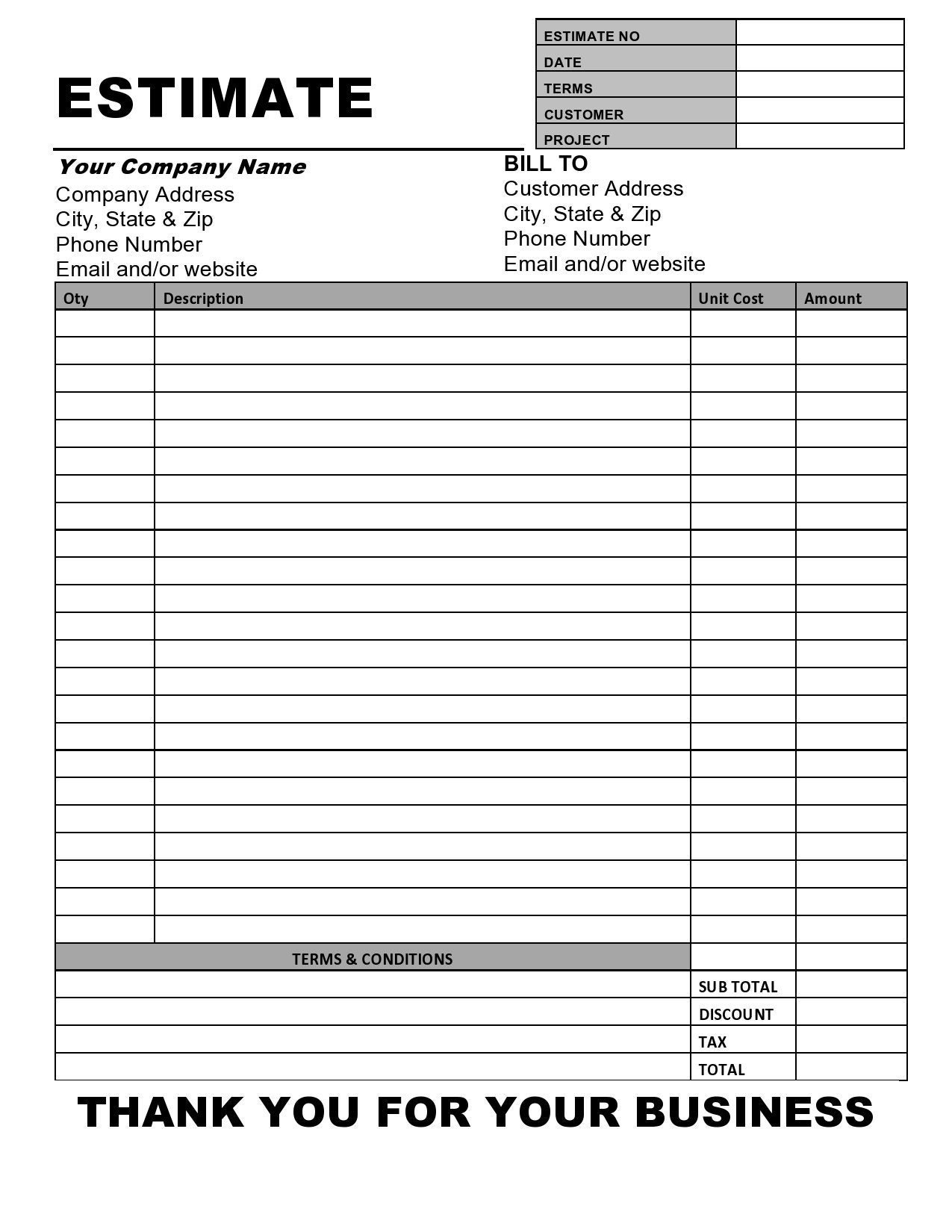 Printable Free Estimate Template