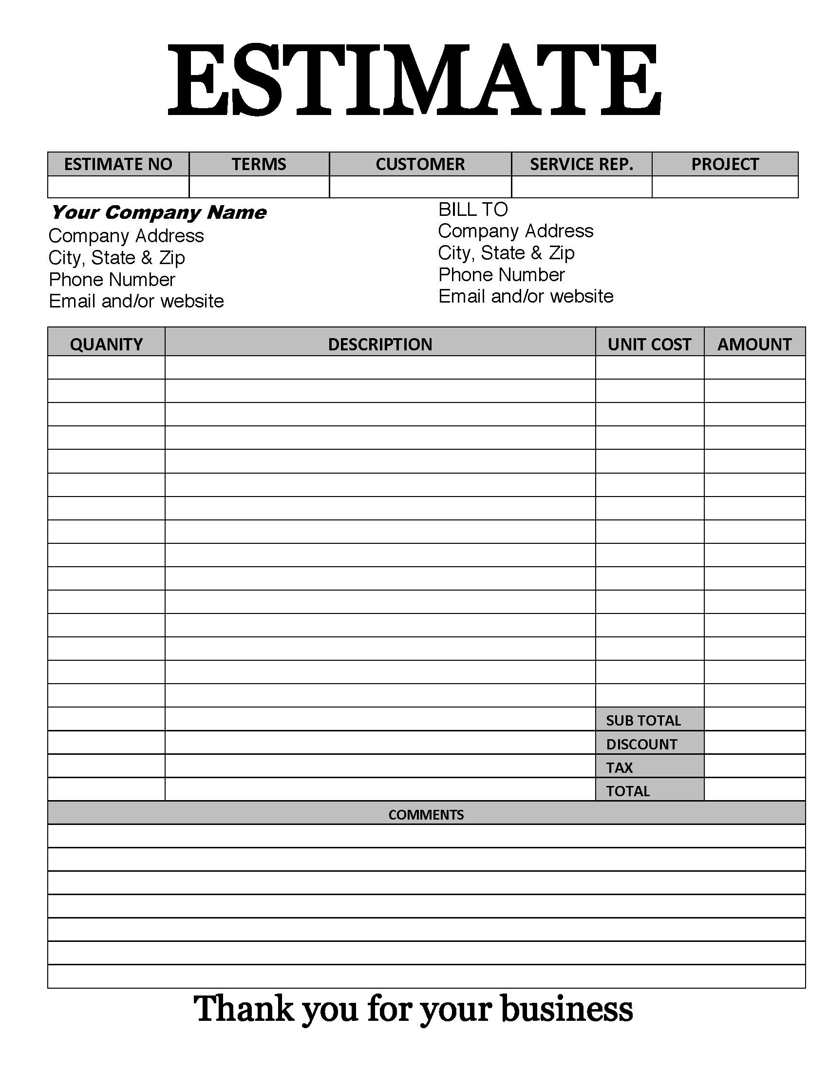 ESTIMATE INVOICE Template Gray Printable Form Editable Instant Download