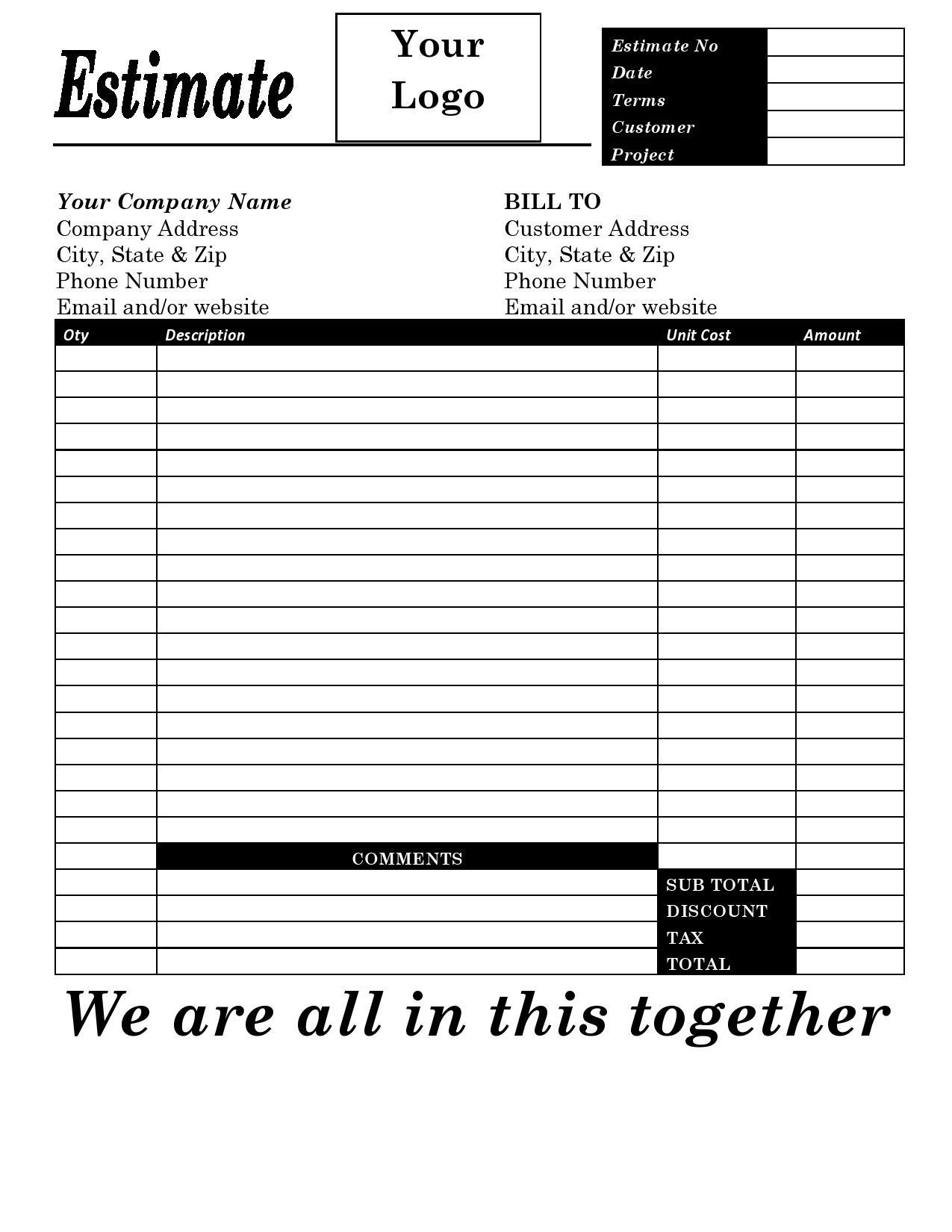 ESTIMATE-INVOICE Black-white Documented Template Printable - Etsy