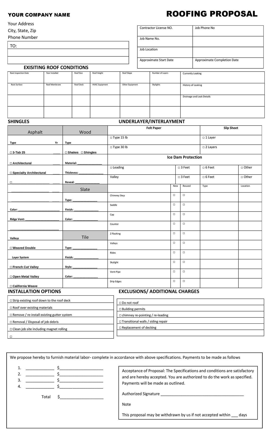 Roofing Proposal Templates | PRINTABLE FORM (8.5 by 14) Legal Document - Etsy
