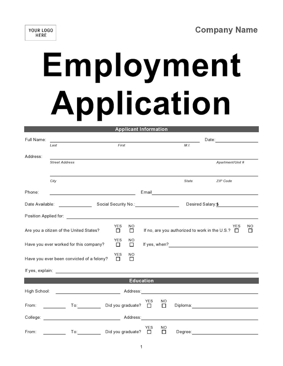 Hiring Application Template Editable Printable Etsy