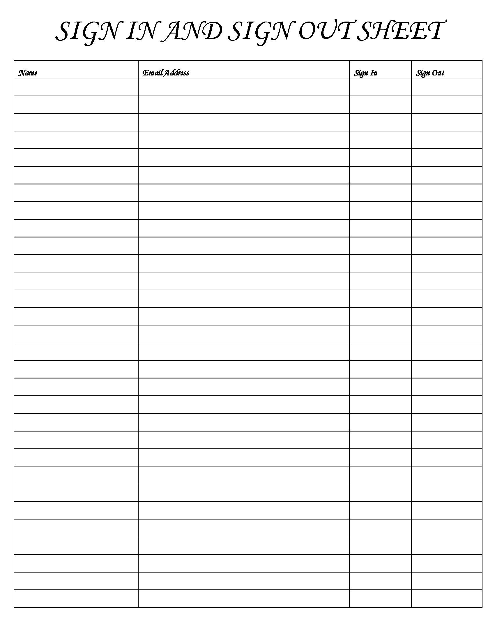 Sign in and Out Sheet Printable Form, Digital File, Instant Download