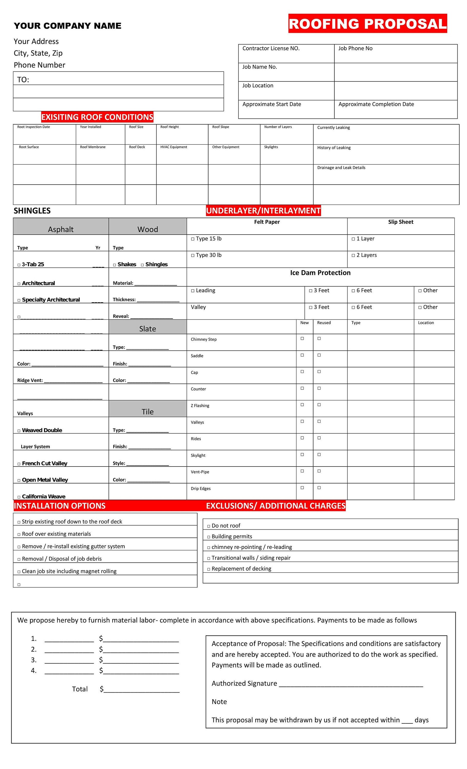 Roofing Proposal Templates | PRINTABLE FORM (8.5 by 14) Legal Document (some Highlighted in Red ...