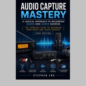 May include: A book cover titled Audio Capture Mastery: A Logical Approach to Recording Radio and Audio Sources by Stephen Ene. The cover features a radio, a microphone, an audio interface, and headphones against a dark blue background with sound waves.