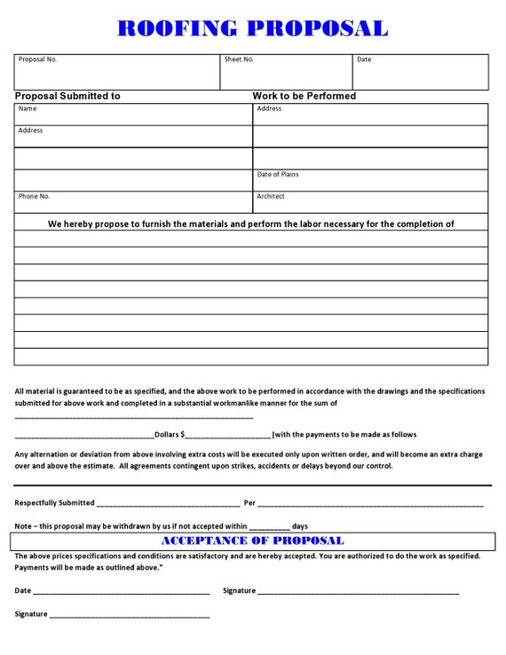 Roofing Proposal Templates EDITABLE PRINTABLE FORM 8.5 by | Etsy