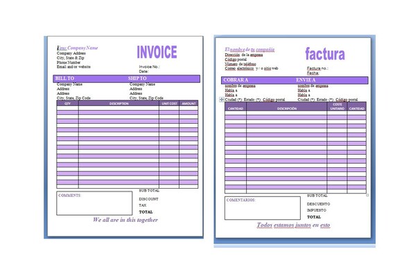 invoice template printable invoice english spanish forms etsy