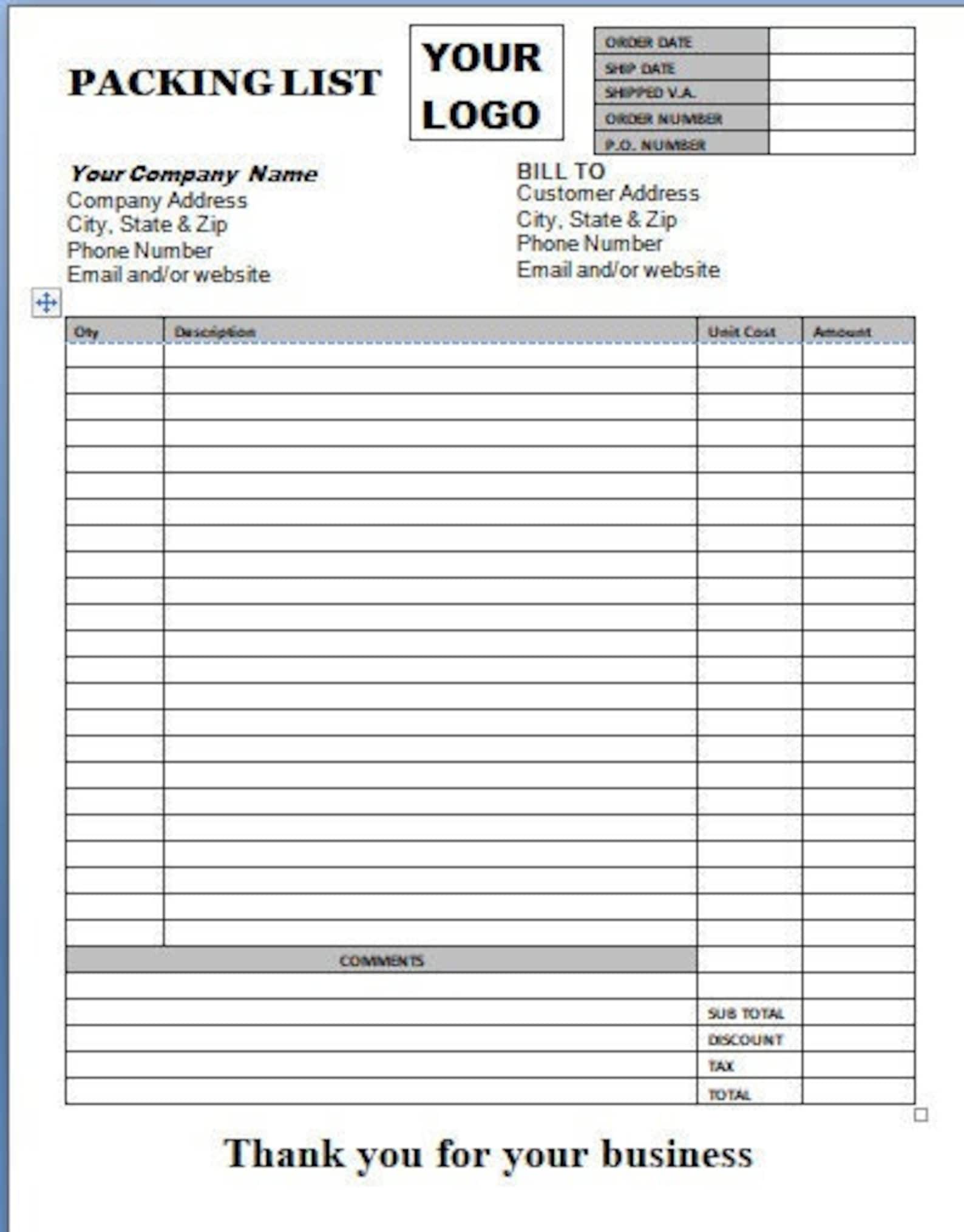 Packing List Template Printable Packing List Order Form Word Packing ...