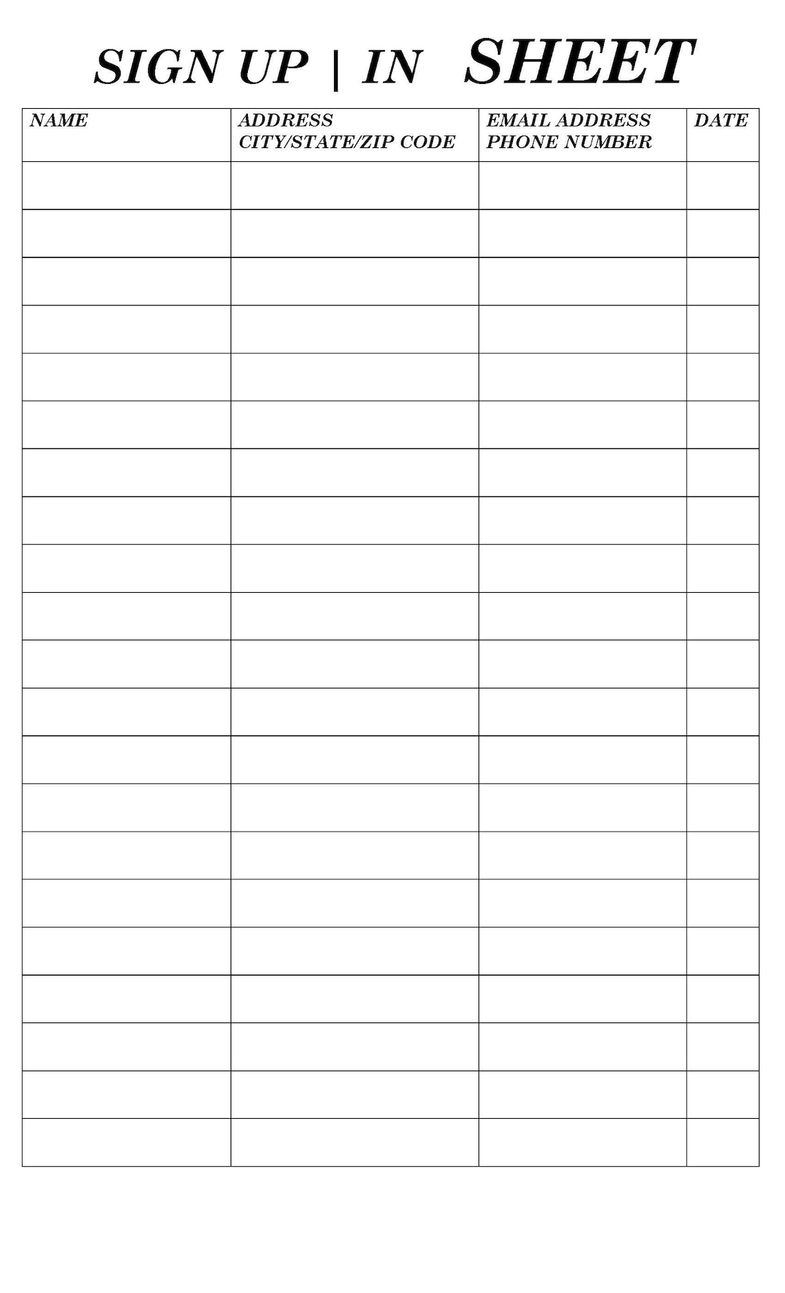 Sign up Sign in Sheet Template Printable Sign up or Sign in Sheet