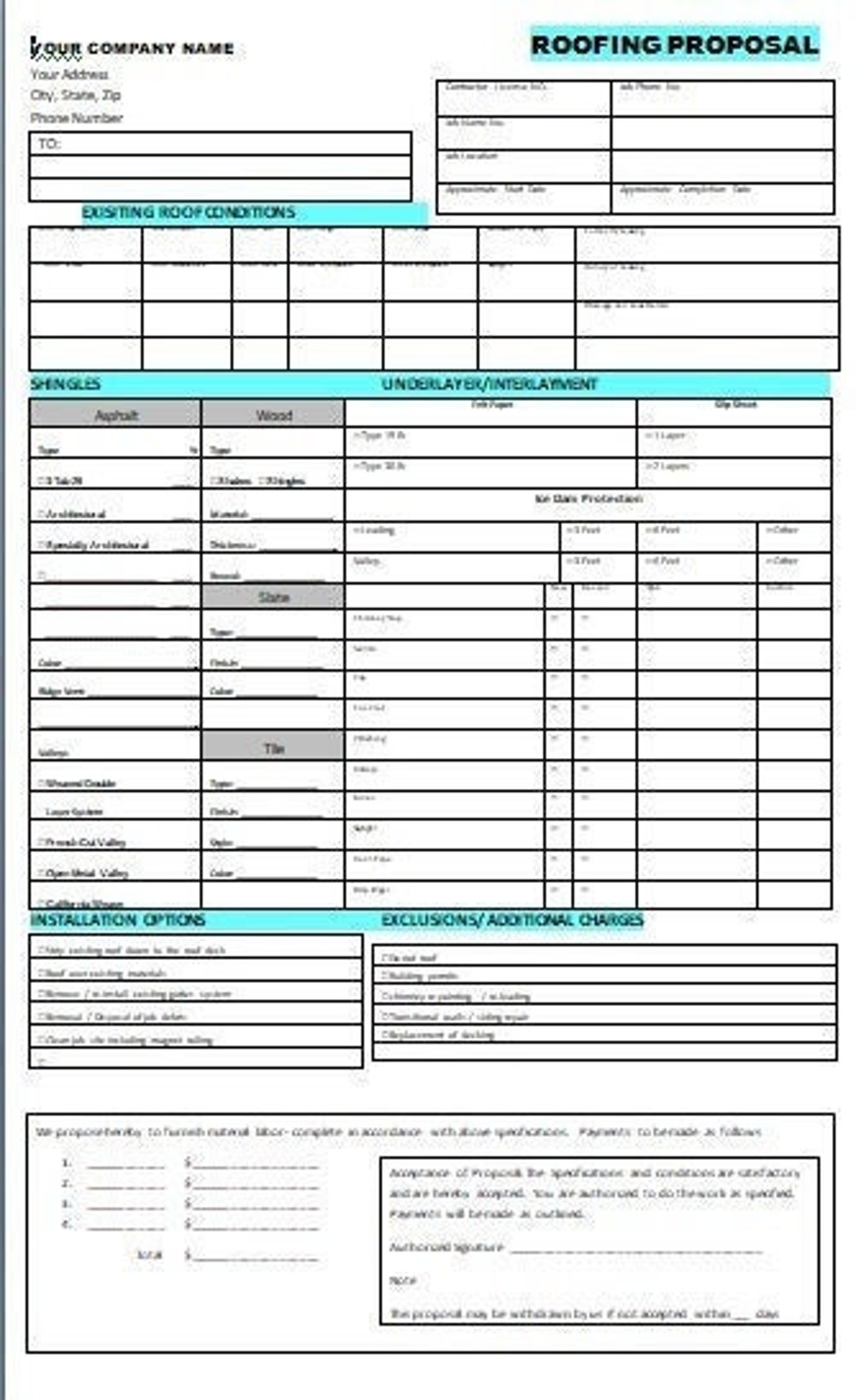Roofing Proposal Templates PRINTABLE FORM 8 5 by 14 Legal Document some