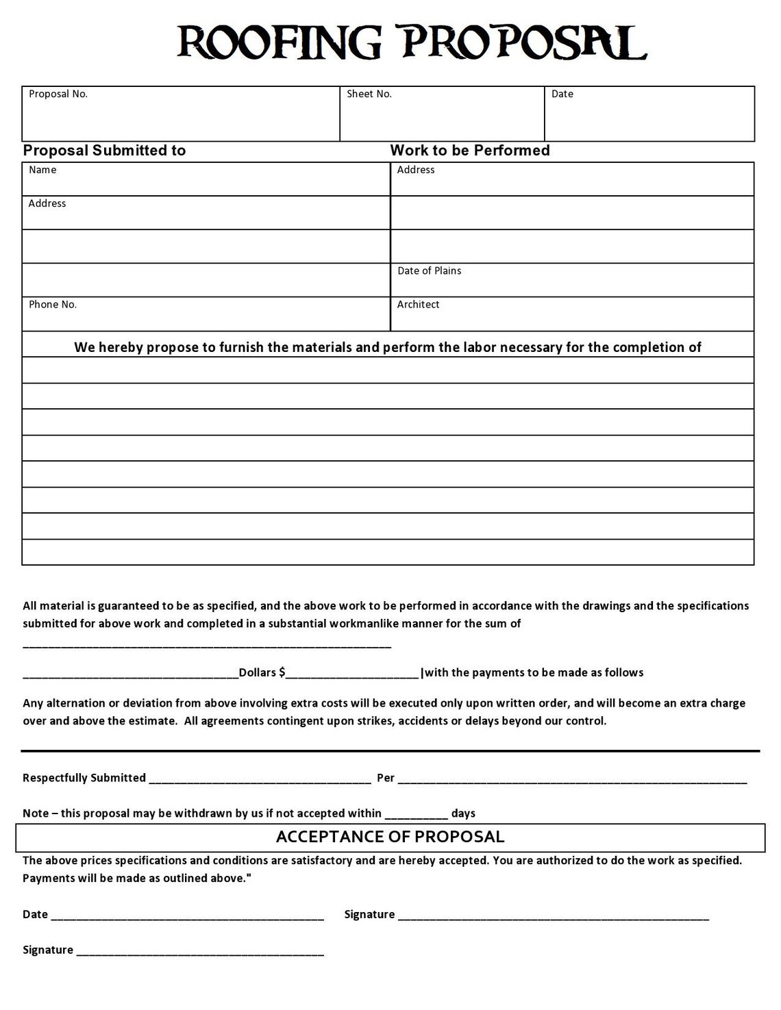 Roofing Proposal Templates EDITABLE PRINTABLE FORM 8 5 By 11 Letter 