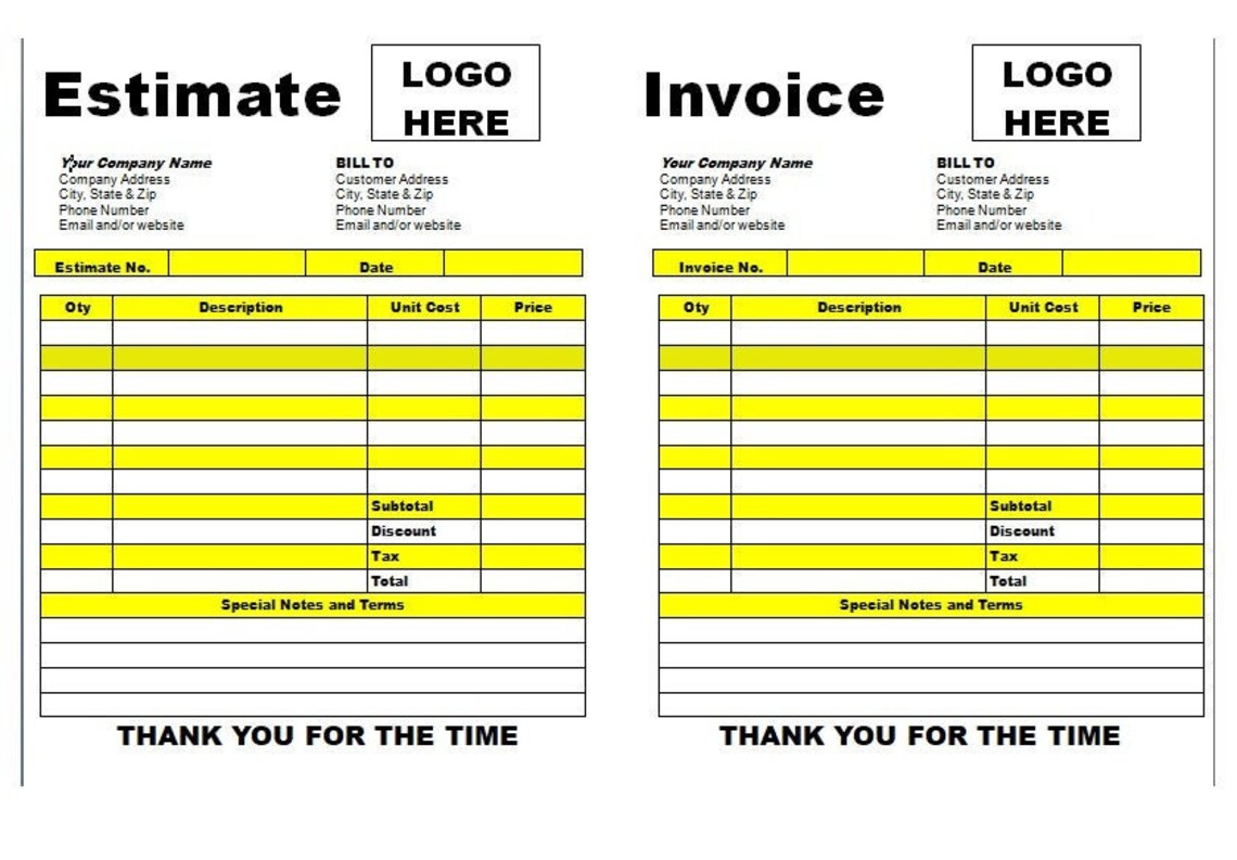 Estimate Invoice Template Printable Invoice Business Form Etsy