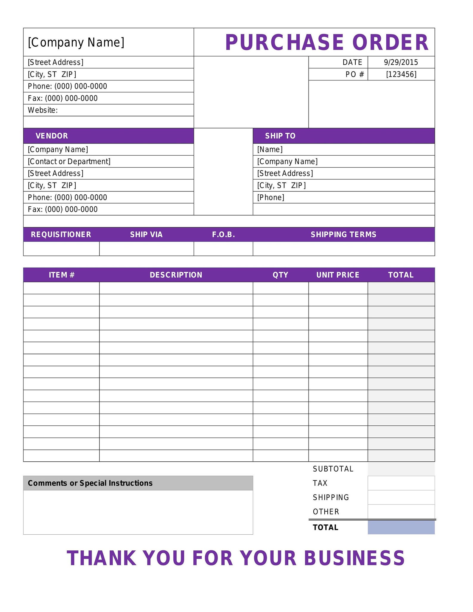 Purchase Order Template - Editable Microsoft Word Template