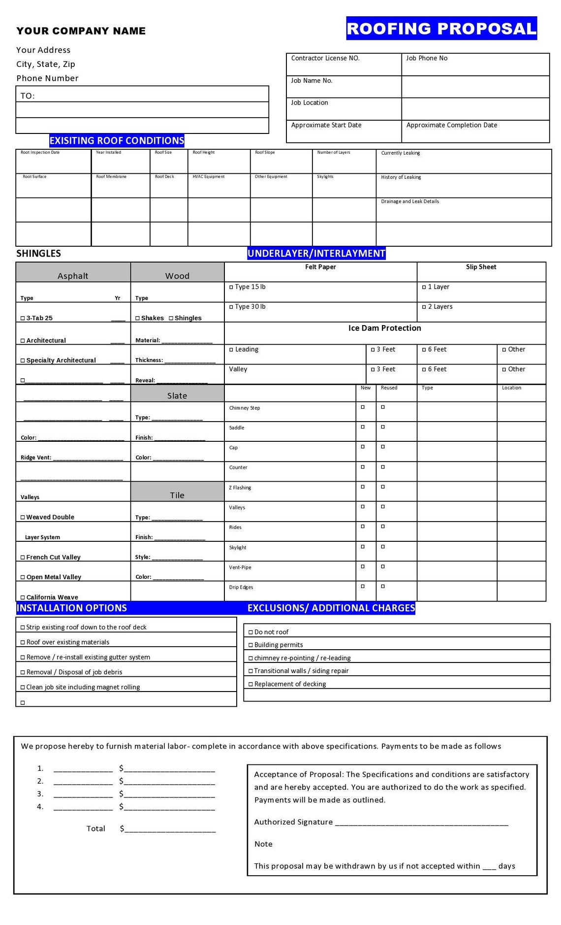 Roofing Proposal Templates | PRINTABLE FORM (8.5 by 14) Legal Document (some Highlighted in Blue ...