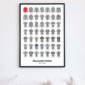 May include: A framed print displaying a series of Newcastle United football shirts, illustrating the team's kit history. The jerseys are arranged in a grid, with the club's name and founding year, "Newcastle United Est 1892", at the bottom.