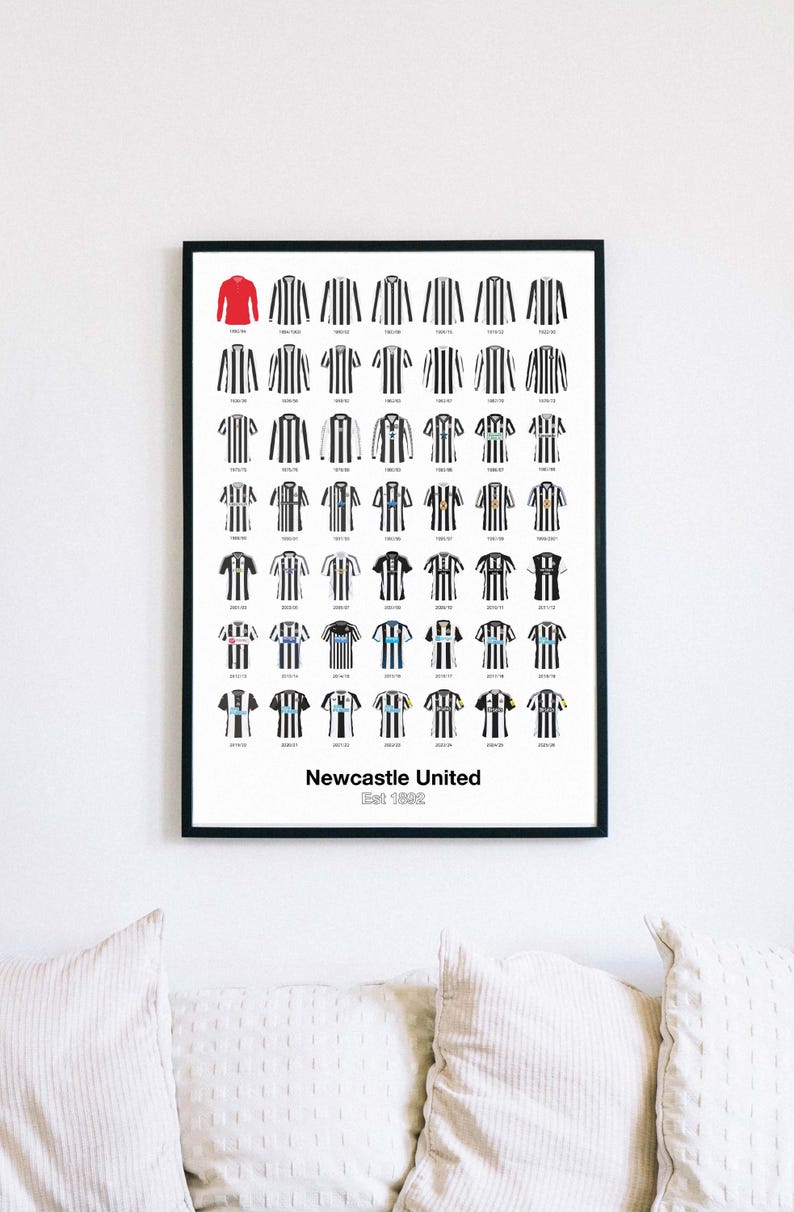 May include: A framed print displaying a series of Newcastle United football shirts, illustrating the team's kit history. The jerseys are arranged in a grid, with the club's name and founding year, "Newcastle United Est 1892", at the bottom.