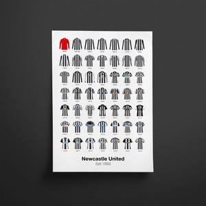 May include: A poster displaying a collection of Newcastle United football shirts. The shirts are arranged in a grid, representing the team's kits from different seasons. The poster includes the text "Newcastle United Est. 1892".