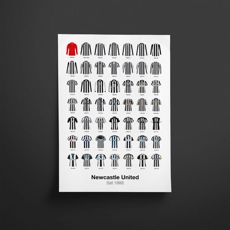 May include: A poster displaying a collection of Newcastle United football shirts. The shirts are arranged in a grid, representing the team's kits from different seasons. The poster includes the text "Newcastle United Est. 1892".
