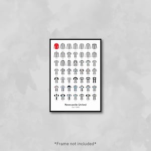 May include: A framed print displaying a series of Newcastle United football shirts. Most shirts are black and white striped, with one red shirt. The text "Newcastle United Est. 1892" is at the bottom of the print. The frame is black.