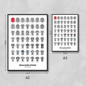 May include: Two framed prints featuring Newcastle United football shirts. The larger print measures 59 cm high and 42 cm wide, the smaller one is 42 cm high and 29 cm wide. Each print displays a series of jerseys, with the club's name and founding year at the bottom.