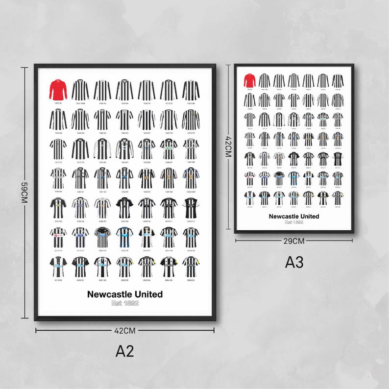 May include: Two framed prints featuring Newcastle United football shirts. The larger print measures 59 cm high and 42 cm wide, the smaller one is 42 cm high and 29 cm wide. Each print displays a series of jerseys, with the club's name and founding year at the bottom.
