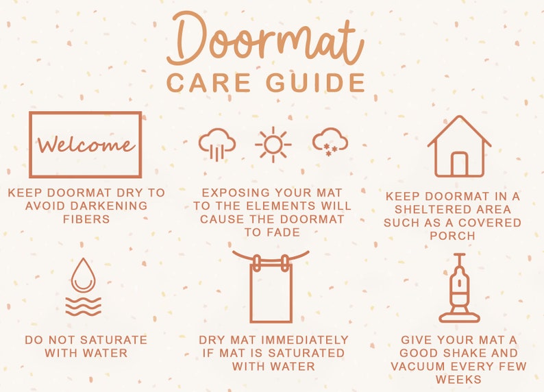 May include: A doormat care guide with illustrations and text. The guide includes tips on keeping the doormat dry, avoiding exposure to the elements, and vacuuming it regularly. The text reads "Welcome", "Keep doormat dry to avoid darkening fibers", "Exposing your mat to the elements will cause the doormat to fade", "Keep doormat in a sheltered area such as a covered porch", "Do not saturate with water", "Dry mat immediately if mat is saturated with water", and "Give your mat a good shake and vacuum every few weeks".