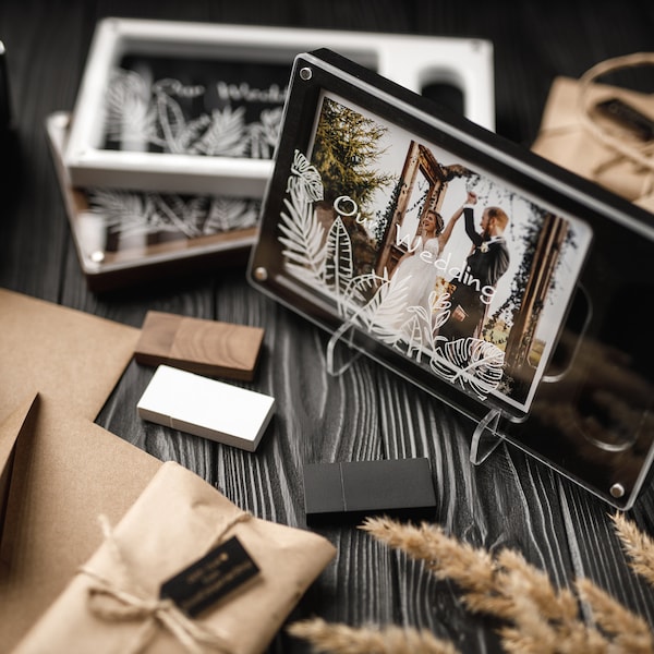 Boîte photo de mariage avec clé USB en bois | boîte de mariage | boîte gravée pour photographes | emballage photo | Boîte en bois personnalisée | Boite cadeau