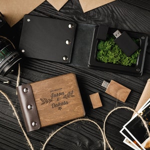 Wedding wooden box with leather| Memory Box with wooden USB| Engraved box for USB | Custom box with logo| Keepsake box| USB box with moss|