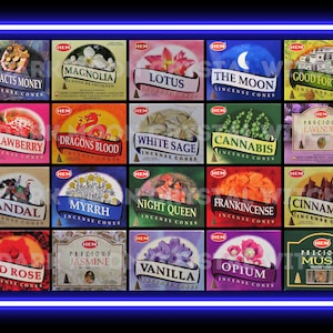 May include: A collection of 20 Hem incense cones in various scents, including Attract Money, Magnolia, Lotus, The Moon, Good Fortune, Strawberry, Dragons Blood, White Sage, Cannabis, Precious Lavender, Sandal, Myrrh, Night Queen, Frankincense, Cinnamon, Red Rose, Precious Jasmine, Vanilla, Opium, and Precious Musk.