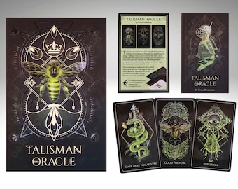 May include: A Talisman Oracle deck with a bee graphic on the box. The deck includes cards with illustrations of insects and other mystical symbols. The text on the cards includes phrases like "Cast Away Negativity" and "Good Fortune."