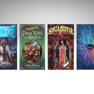 May include: Four tarot card decks are displayed. The decks include "Universal Celtic Tarot", "the Green Witch tarot", "Santa Muerte Tarot Book of the Dead", and a deck with an eye design. The decks have various colors and illustrations.