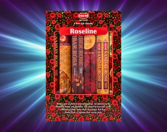 May include: A box set of HEM incense sticks, featuring "Roseline" branding. The packaging has a floral rose pattern and contains sticks labeled "Cinnamon Rose", "Amber Rose", and "Sandal-Rose". The background has a purple and blue light burst design.