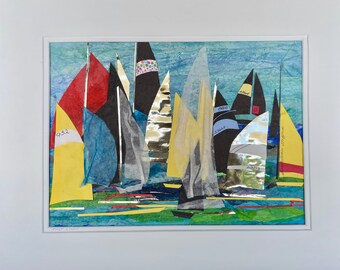 nautical artwork, sailboat Collage, home decor,boats, sails, seascape, bright collage, colorful colorful watercolor collage, wall art,