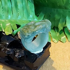 DJade-Certified Natural Green Grade A Jadeite Jade Carved PiXiu Circle Ring size: 9.5US 招财貔貅