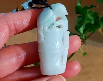 DJade--Certified Green Natural A Jade Jadeite Pendant Carving Bamboo and Bird Best Gift