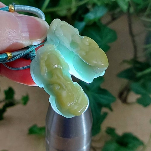 DJade - New 2pcs Certified Natural shops Yellow Green Type A Jadeite Jade Pendant Carved PiXiu 招财貔貅 Best Gift